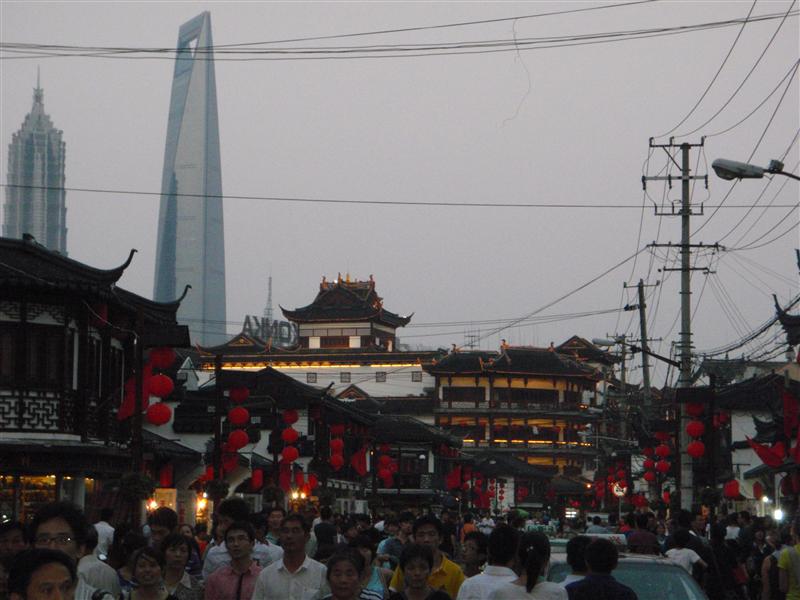 One of the Shanghai markets...with the huge skyscraper in the background.