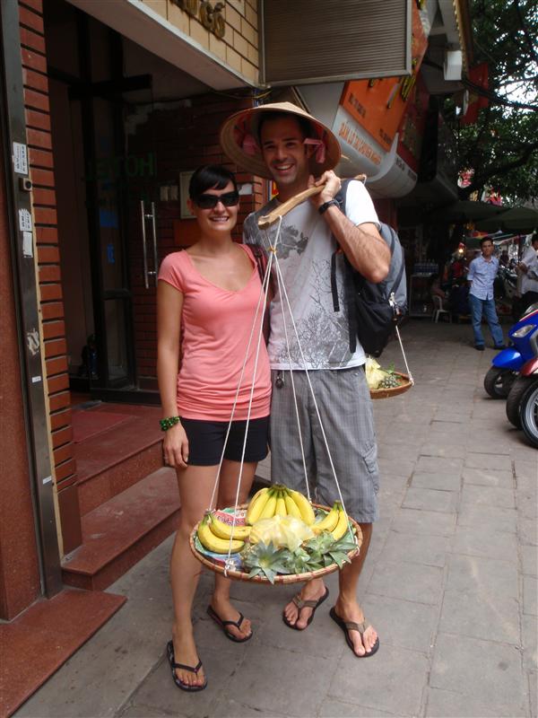 Us getting suckered in the first few hours in Hanoi.  We really really overpaid for those bananas!